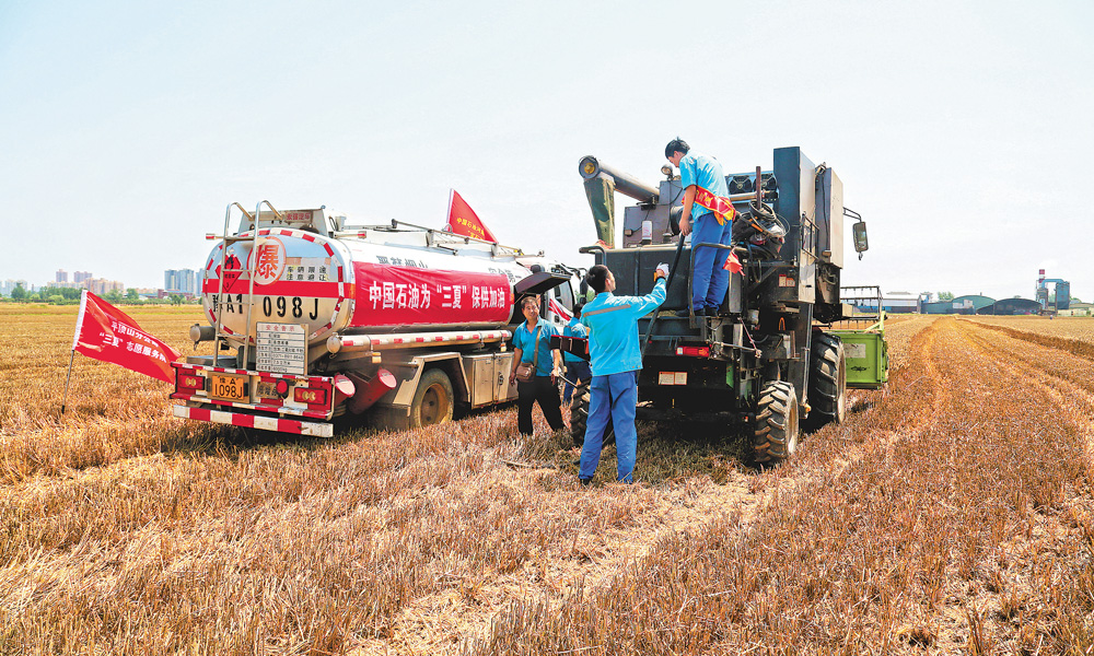 眼下，全国各地陆续进入夏收、夏种、夏管农忙时节，一台台收割机在金黄的麦田里忙碌，丰收的喜悦在农机的轰鸣声中被拉满。与广大农友并肩奋战在田间的还有这样一群人，他们身穿中国石油工作服，走在田间格外显眼；他们每天在加油站与农田之间来回奔走，只为农忙用油供应不断档；他们加班加点多生产农资化肥，只为夏种农资供应充足；他们把农业技术带到田间地头，只为广大农友秋收时收获更多香甜喜悦。