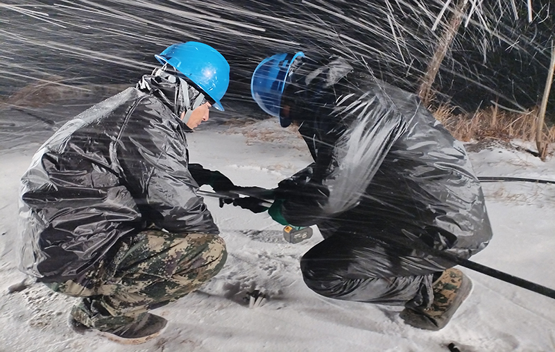 国家电网安徽宿州泗县供电公司员工冒雪抢修10千伏周许线。