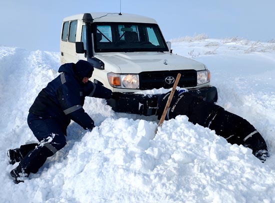施工车辆在积雪路段被困，司机和查线工挖雪救车。.jpg